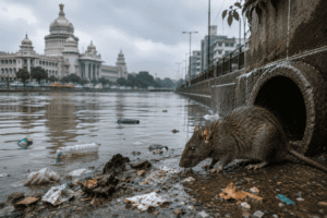 Rat near a drainage pipe during the monsoon highlighting the importance of professional Rat Control in Bangalore to help prevent rodent infestations.