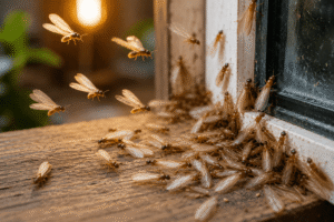 Flying termites swarming near a wooden window frame during the monsoon season in Bangalore, indicating a potential termite infestation in homes.