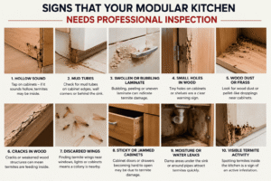 Early signs of termite infestation in modular kitchen cabinets, including damaged wood, mud tubes, and swollen surfaces in a Bangalore home.