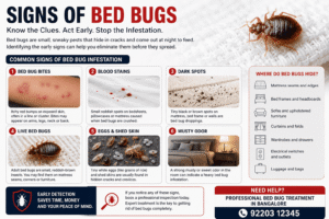 Signs of bed bug infestation including bites, stains and live bed bugs