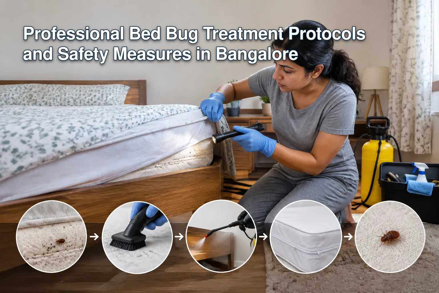 Step-by-step guide to eradicating bed bugs illustration.