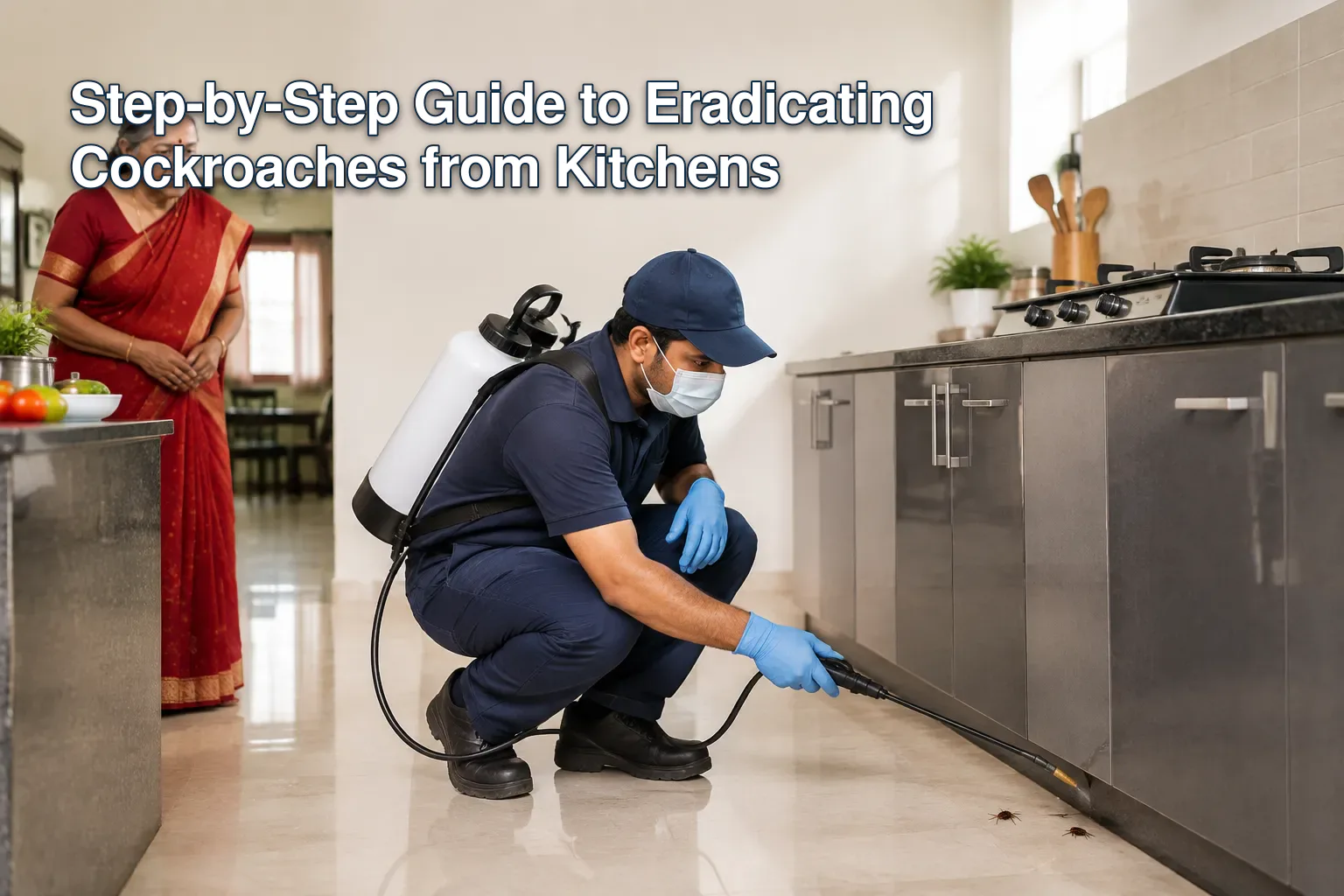 Pest control technician treating a kitchen for cockroaches.
