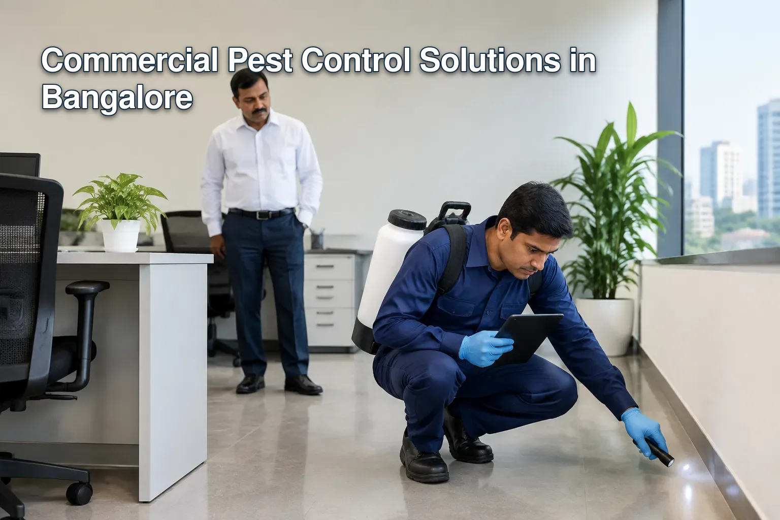 Pest control technician inspecting office in Bangalore