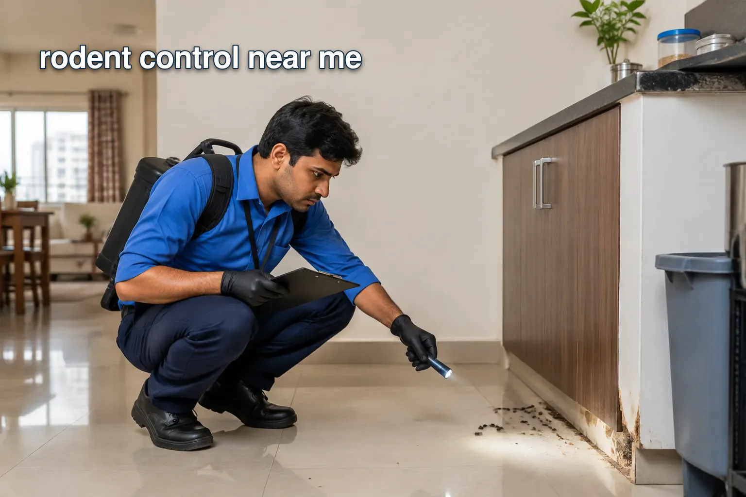 Professional pest control technician inspecting rodent infestation in Bangalore home