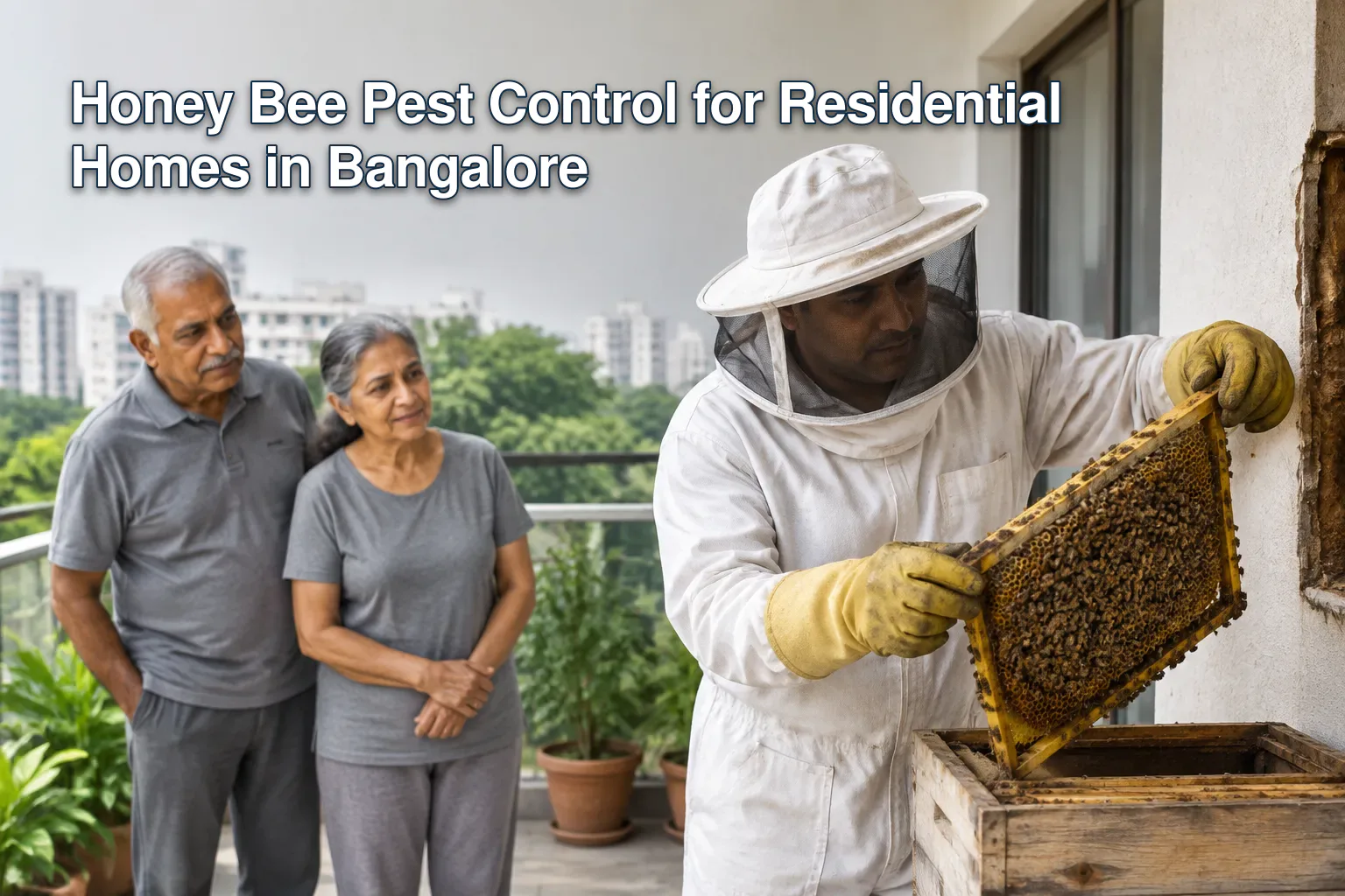 Professional bee exterminator handling a beehive in Bangalore.