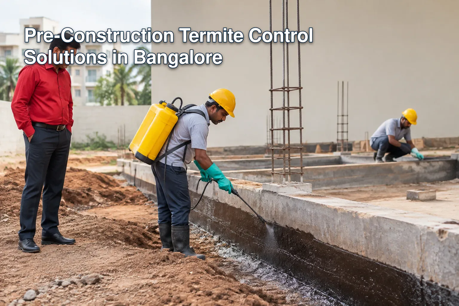 Workers applying termite treatment during a building's construction in Bangalore.