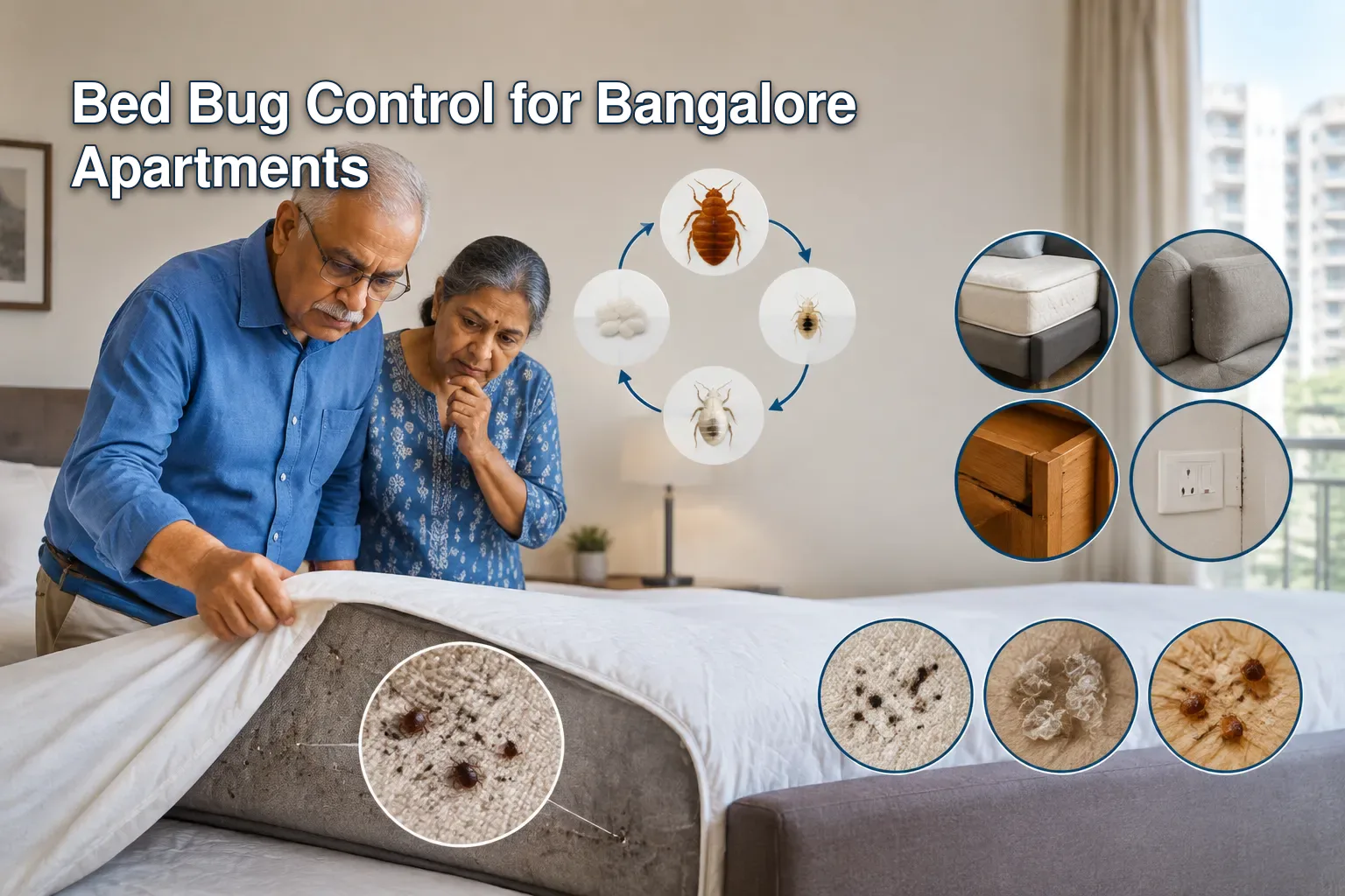 Infographic of bed bug lifecycle and hiding spots in apartments